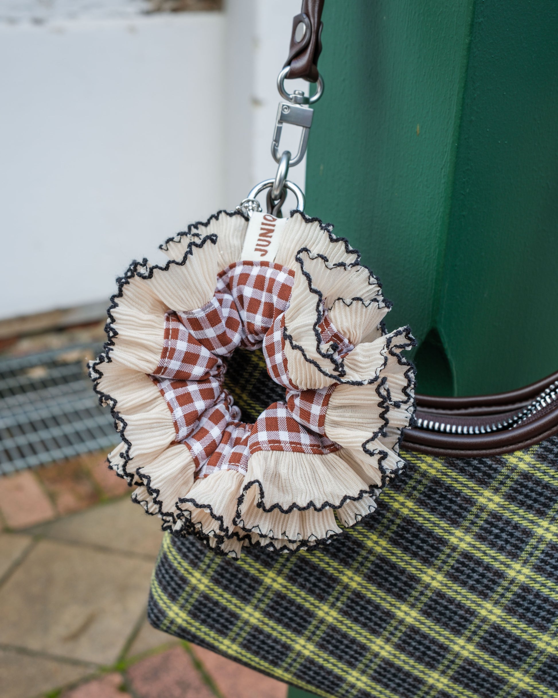 brown-beige double frilled scrunchie bag charm