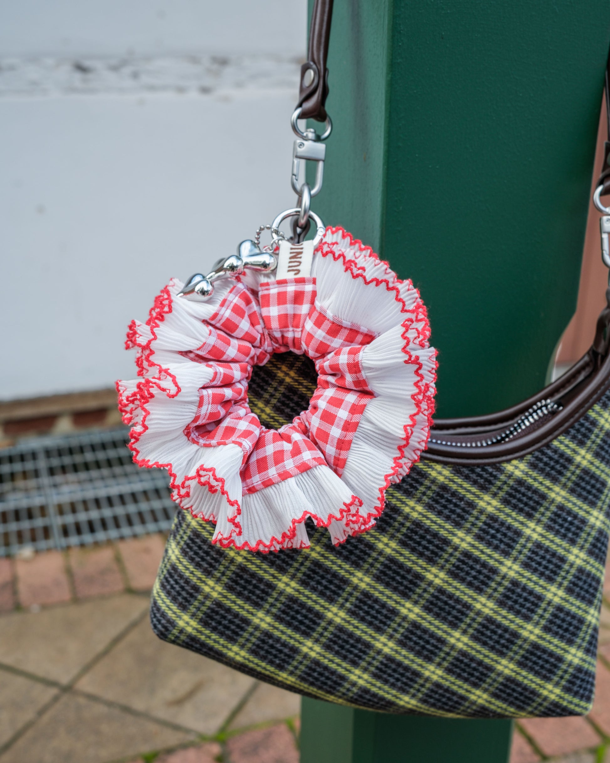 red-white double frilled scrunchie bag charm