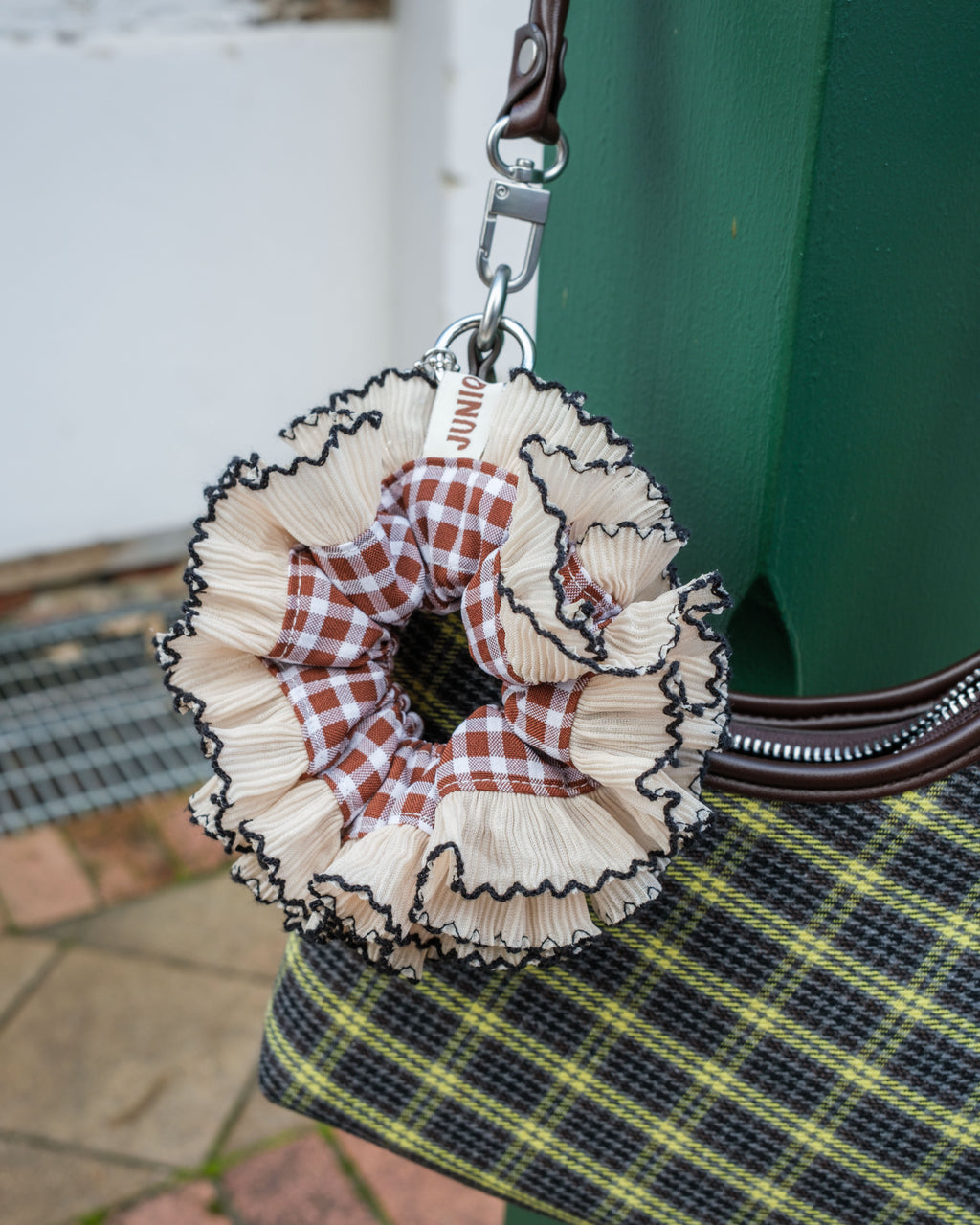 brown-beige double frilled scrunchie bag charm
